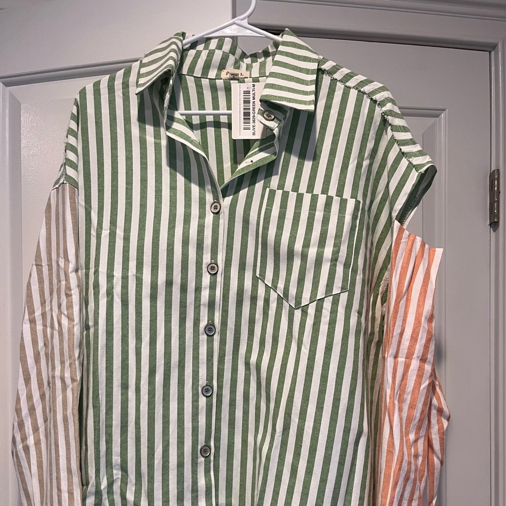 POL Men's Green and Orange Striped Casual Shirt